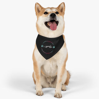 Dog wearing the Dog Hair is my Glitter Dog Collar Bandana in Black. The Dog Hair is my Glitter design features the phrase "I sparkle" inside a circle with paw prints. Comes with black adjustable collar.