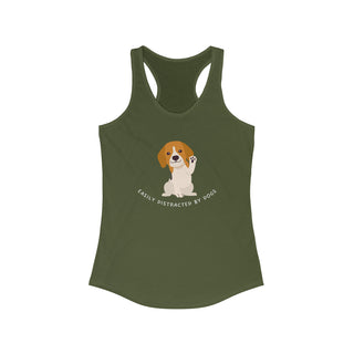 Easily Distracted Women's Racerback Tank in Military Green. Shown is front design featuring a dog waving with the saying "Easily Distracted by Dogs" below it. The back of shirt has the classic Benefit Beagle Logo.
