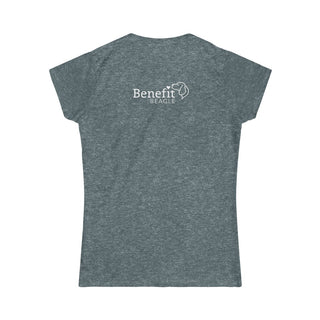 Signature Tattoo Flowers Women's Softstyle Tee in Dark Heather. Shown is back of shirt with the Benefit Beagle Logo. Front of shirt has the Signature Tattoo Flowers design featuring a dog with flowers around it and the phrase "Beagletude" and "Nothing is Impawssible".