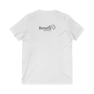 Signature Tattoo Flowers Unisex Jersey Short Sleeve V-Neck Tee in White. Shown is back of shirt with the Benefit Beagle Logo. Front of shirt has the Signature Tattoo Flowers design featuring a dog with flowers around it and the phrase "Beagletude" and "Nothing is Impawssible".