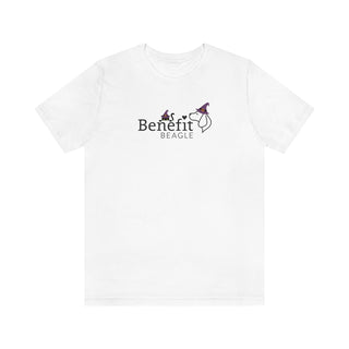 Witchy Cat Unisex Jersey Short Sleeve Tee. Front side shown in White with a Seasonal Benefit Beagle Logo Design. Back side showcases Wide Eyed Cartoon Cat wearing Purple Hat Standing over Broom. "Crossing Paths Since 1692". Purrfect for Halloween, or anytime!