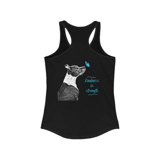 Lincoln Butterfly Women's Ideal Racerback Tank in Cardinal Black. Shown is back of shirt design showcasing profile of a dog with a blue butterfly on its nose and the phrase "Kindness is Strength" next to it. The front of shirt has Benefit Beagle Logo kissed by a Butterfly.