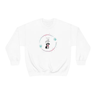 Dog Hair is my Glitter Unisex Crewneck in White. The Dog Hair is my Glitter design features a dog with the phrase "Dog Hair is my Glitter" above it and it is surrounded by a circle with paw prints.