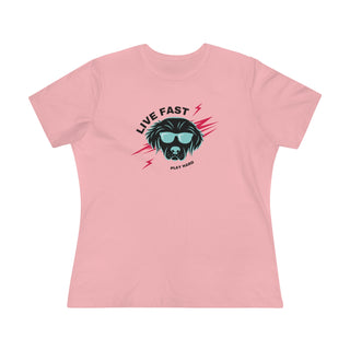 Play Hard Women's Premium Tee Shirt in Pink. The design features a cool dog with sunglasses and lightening bolts around it. The phrase "Live Fast, Play Hard" is around the design.