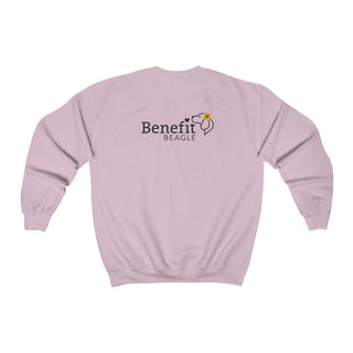 You are my Sunshine Unisex Crewneck Sweatshirt in Light Pink. Shown is back of shirt featuring the Sunflower Benefit Beagle Logo. The front showcases a sunflower which is split down the middle and half is made out of paw prints. Underneath is the phrase "You are my Sunshine".