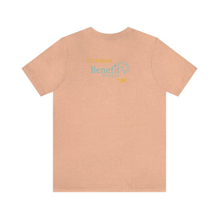 Beagle-Thirty Bottles Unisex Jersey Short Sleeve  Tee in Heather Peach. Shown is back of shirt featuring "Beagle-Thirty" Benefit Beagle Logo. The front Showcases Two Paw Labeled Bottles clinking with, "It's Beagle-Thirty" written next to it.