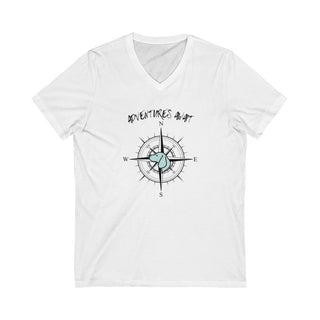 Adventures Await Unisex V-Neck Tee in White. The front of shirt features the Adventures Await design with a dog inside a nautical compass and the words "Adventures Await" above it. The back of the shirt has similar Benefit Beagle Logo.