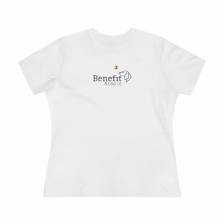 Bee Pawsitive Women's Premium Tee shirt in White. The front of shirt features the Bee Pawsitive Benefit Beagle Logo. The back of shirt showcases a dog dressed as a bee in a field of sunflowers with "Bee Pawsitive" written above.