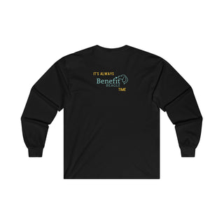 Beagle-Thirty Bottles Unisex Ultra Cotton Long Sleeve Tee in Black. Shown is back of shirt featuring "Beagle-Thirty" Benefit Beagle Logo. The front Showcases Two Paw Labeled Bottles clinking with, "It's Beagle-Thirty" written next to it.