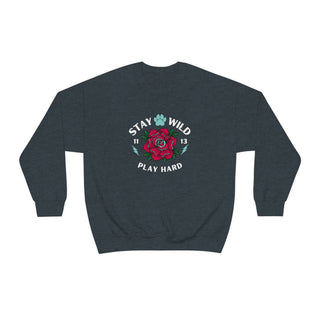 Stay Wild Unisex Heavy Blend Crewneck Sweatshirt in Dark Grey Heather. The Stay Wild Design features a tattoo style rose with the phrase "Stay Wild, Play Hard" around it. The back of shirt features the Stay Wild Benefit Beagle Logo Design.