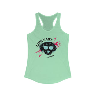Play Hard Women's Ideal Racerback Tank in Mint. The design features a cool dog with sunglasses and lightening bolts around it. The phrase "Live Fast, Play Hard" is around the design.