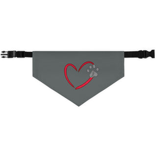 Live, Love, Beagle Dog Collar Bandana in Grey. The Live, Love, Beagle design features a heart with a paw print. Comes with black adjustable collar.
