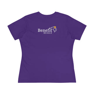 You are my Sunshine Women's Premium Tee shirt in Purple. Shown is back of shirt featuring the Sunflower Benefit Beagle Logo. The front  showcases a sunflower which is split down the middle and half is made out of paw prints. Underneath is the phrase "You are my Sunshine".