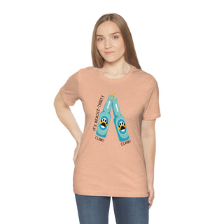 Beagle-Thirty Bottles Unisex Jersey Short Sleeve Tee in Heather Peach. The front of shirt showcases Two Paw Labeled Bottles clinking with the saying, "It's Beagle-Thirty". Back of shirt features corresponding Benefit Beagle Logo.