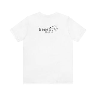 Signature Tattoo Flowers Unisex Jersey Short Sleeve Tee in White. Shown is back of shirt with the Benefit Beagle Logo. Front of shirt has the Signature Tattoo Flowers design featuring a dog with flowers around it and the phrase "Beagletude" and "Nothing is Impawssible".