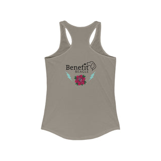 Stay Wild Women's Ideal Racerback Tank in Warm Grey. Shown is the back of shirt with Benefit Beagle Logo complete with Tattoo Rose. On front of shirt is Stay Wild Design featuring a tattoo style rose with the phrase "Stay Wild, Play Hard" around it.
