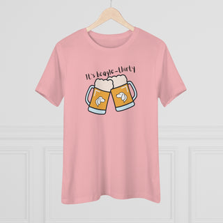 Beagle-Thirty Mugs Women's Premium Tee in Pink. The front of shirt showcases Two Dog Adorned Mugs clinking with the saying, "It's Beagle-Thirty" above it. Back of shirt features corresponding Benefit Beagle Logo.