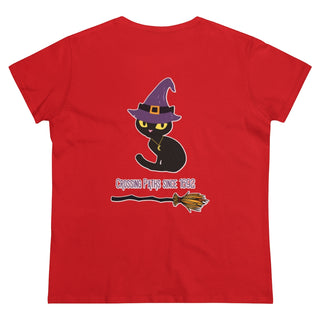 A slightly more fitted take of a classic short sleeve cotton tee. This contoured silhouette is made out of a soft, light cotton. Back side shown in Red with Wide Eyed Cartoon Cat wearing Purple Hat Standing over Broom. "Crossing Paths Since 1692". On the front of shirt is similar Witchy Benefit Beagle Logo. Purrfect for Halloween, or anytime!
