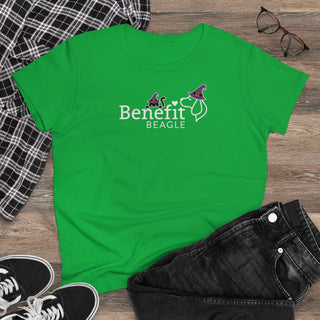 A slightly more fitted take of a classic short sleeve cotton tee. This contoured silhouette is made out of a soft, light cotton. Front side shown in Irish Green with a Seasonal Benefit Beagle Logo Design. Back side showcases Wide Eyed Cartoon Cat wearing Purple Hat Standing over Broom. "Crossing Paths Since 1692". Purrfect for Halloween, or anytime!