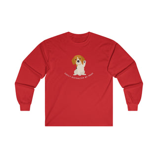 Easily Distracted Ultra Cotton Long Sleeve Tee in Red. Shown is front design featuring a dog waving with the saying "Easily Distracted by Dogs" below it. The back of shirt has the classic Benefit Beagle Logo.