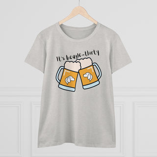 Beagle-Thirty Mugs Women's Midweight Cotton Tee in Ash. The front of shirt showcases Two Dog Adorned Mugs clinking with the saying, "It's Beagle-Thirty" above it. Back of shirt features corresponding Benefit Beagle Logo.