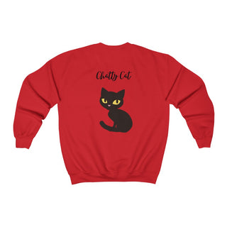 Meow Unisex Crewneck Sweatshirt in Red. Shown is back showcasing a wide eyed black cartoon cat with the phrase "Chatty Cat" above it. On front of shirt is the Benefit Beagle Logo featuring a peeping cat.