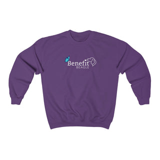 Lincoln Butterfly Unisex Jersey Short Sleeve Tee in Purple. Shown is the front of shirt with Benefit Beagle Logo kissed by butterfly. The back of shirt showcases profile of a dog with a blue butterfly on its nose and the phrase "Kindness is Strength" next to it.