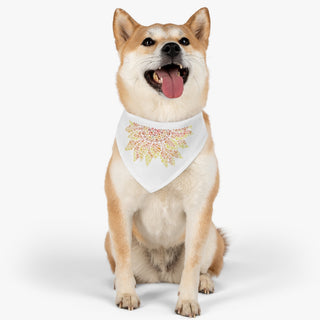 Dog wearing the You are my Sunshine Pet Bandana Collar in White. The You are my Sunshine design features half of a sunflower made out of little paw prints. Comes with adjustable black collar.