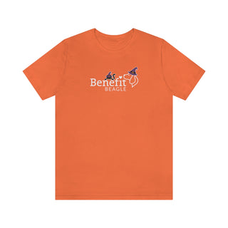 Witchy Cat Unisex Jersey Short Sleeve Tee. Front side shown in Orange with a Seasonal Benefit Beagle Logo Design. Back side showcases Wide Eyed Cartoon Cat wearing Purple Hat Standing over Broom. "Crossing Paths Since 1692". Purrfect for Halloween, or anytime!