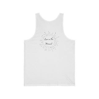 Live in the Moment Unisex Jersey Tank in White. The Live in the Moment design features a graphic on the back with the phrase "Live in the Moment" surrounded by shooting stars.