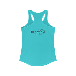 Easily Distracted Women's Racerback Tank in Tahiti Blue. Shown is back design with the classic Benefit Beagle Logo. The front design features a dog waving with the saying "Easily Distracted by Dogs" below it.