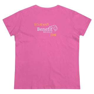 Beagle-Thirty Mugs Women's Midweight Cotton Tee in Azalea. Shown is back of shirt featuring "Beagle-Thirty" Benefit Beagle Logo. The front Showcases Two Dog Adorned Mugs clinking with, "It's Beagle-Thirty" written above it.