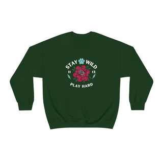 Stay Wild Unisex Heavy Blend Crewneck Sweatshirt in Forest Green. The Stay Wild Design features a tattoo style rose with the phrase "Stay Wild, Play Hard" around it. The back of shirt features the Stay Wild Benefit Beagle Logo Design.