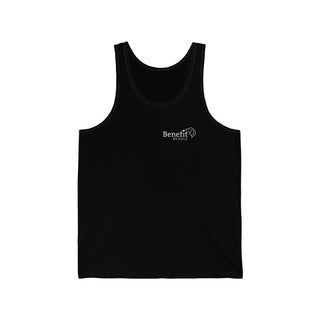 Live in the Moment Unisex Jersey Tank in Black. The Live in the Moment design features the Benefit Beagle logo in the top corner of the garment.