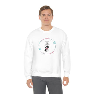 Dog Hair is my Glitter Unisex Crewneck in White. The Dog Hair is my Glitter design features a dog with the phrase "Dog Hair is my Glitter" above it and it is surrounded by a circle with paw prints.