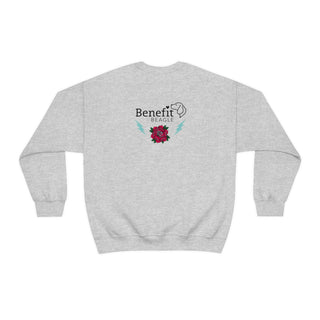 Stay Wild Unisex Heavy Blend Crewneck Sweatshirt in Ash.  Shown is the back of shirt with Benefit Beagle Logo complete with Tattoo Rose. On front of shirt is Stay Wild Design featuring a tattoo style rose with the phrase "Stay Wild, Play Hard" around it.