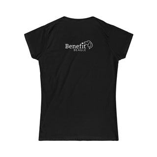 Signature Tattoo Flowers Women's Softstyle Tee in Black. Shown is back of shirt with the Benefit Beagle Logo. Front of shirt has the Signature Tattoo Flowers design featuring a dog with flowers around it and the phrase "Beagletude" and "Nothing is Impawssible".