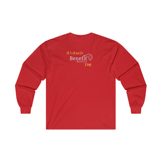 Beagle-Thirty Mugs Unisex Ultra Cotton Long Sleeve Tee in Red. Shown is back of shirt featuring "Beagle-Thirty" Benefit Beagle Logo. The front Showcases Two Dog Adorned Mugs clinking with, "It's Beagle- Thirty" written above it.