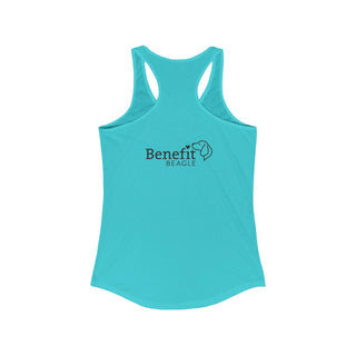 Signature Tattoo Roses Women's Ideal Racerback Tank in Tahiti Blue. Shown is back of shirt with the Benefit Beagle Logo. Front of shirt has the Signature Tattoo Roses design featuring a dog with roses around it and the phrase "Beagletude" and "Nothing is Impawssible"