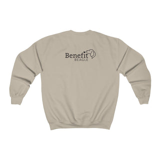 Signature Tattoo Flowers Crewneck Sweatshirt in Sand. Shown is back of shirt with the Benefit Beagle Logo. Front of shirt has the Signature Tattoo Flowers design featuring a dog with flowers around it and the phrase "Beagletude" and "Nothing is Impawssible".