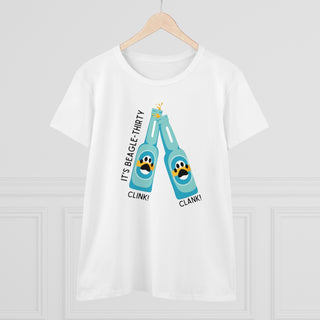 Beagle-Thirty Bottles Women's Midweight Cotton Tee in White. The front of shirt showcases Two Paw Labeled Bottles clinking with the saying, "It's Beagle-Thirty". Back of shirt features corresponding Benefit Beagle Logo.