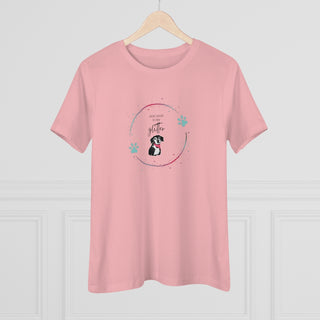 Dog Hair is my Glitter Women's Premium Tee in Pink. The Dog Hair is my Glitter design features a dog with the phrase "Dog Hair is my Glitter" above it and it is surrounded by a circle with paw prints.