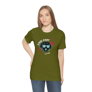 Play Hard Unisex Jersey Short Sleeve Tee Shirt in Olive. The design features a cool dog with sunglasses and lightening bolts around it. The phrase "Live Fast, Play Hard" is around the design.