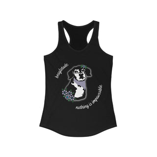 Signature Tattoo Flowers Women's Ideal Racerback Tank in Black. Shown is front of shirt with the Signature Tattoo Flowers design featuring a dog with flowers around it and the phrase "Beagletude" and "Nothing is Impawssible". Back of shirt features the Benefit Beagle Logo.
