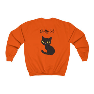 Meow Unisex Crewneck Sweatshirt in Orange. Shown is back showcasing a wide eyed black cartoon cat with the phrase "Chatty Cat" above it. On front of shirt is the Benefit Beagle Logo featuring a peeping cat.