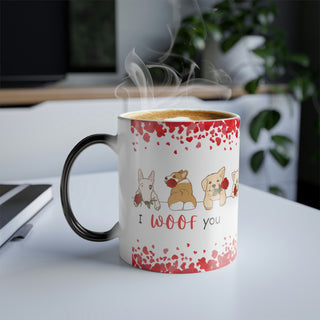 Color morphing mug with dogs holding roses in their mouths and the saying "I woof you too". Mug is white with design due to hot beverage contents.  Morphs to dark when cool/ empty.