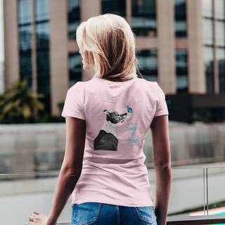 Lincoln Butterfly Women's Premium Tee in Pink. Shown is back of shirt design showcasing profile of a dog with a blue butterfly on its nose and the phrase "Kindness is Strength" next to it. The front of shirt has Benefit Beagle Logo kissed by a Butterfly.
