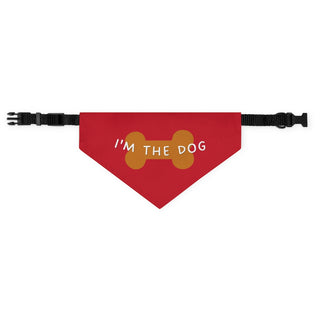 Easily Distracted by Dogs Dog Collar Bandana in Red. The Easily Distracted by Dogs design features the phrase "I'm the dog" on top of a dog bone.