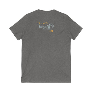 Beagle-Thirty Mugs Unisex Jersey Short Sleeve V-Neck Tee in Deep Heather. Shown is back of shirt featuring "Beagle-Thirty" Benefit Beagle Logo. The front Showcases Two Dog Adorned Mugs clinking with, "It's Beagle- Thirty" written above it.