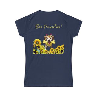 Bee Pawsitive Women's Softstyle Tee in Navy. Shown is back of shirt showcasing a dog dressed as as bee in a a field of sunflowers with the phrase "Bee Pawsitive!" above it. The front features the Bee Pawsitive Benefit Beagle Logo.